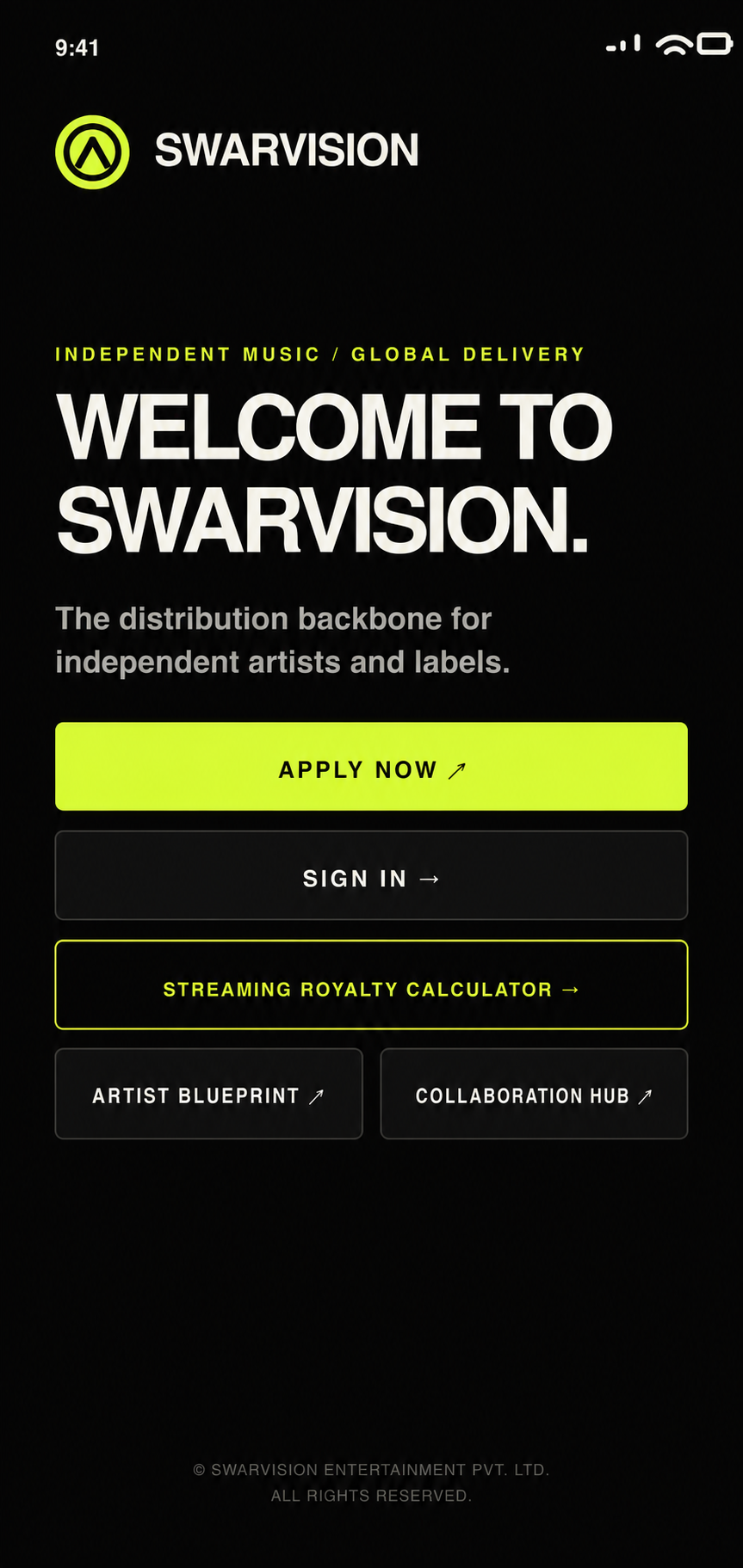 SwarVision Android app welcome screen showing its four main action buttons